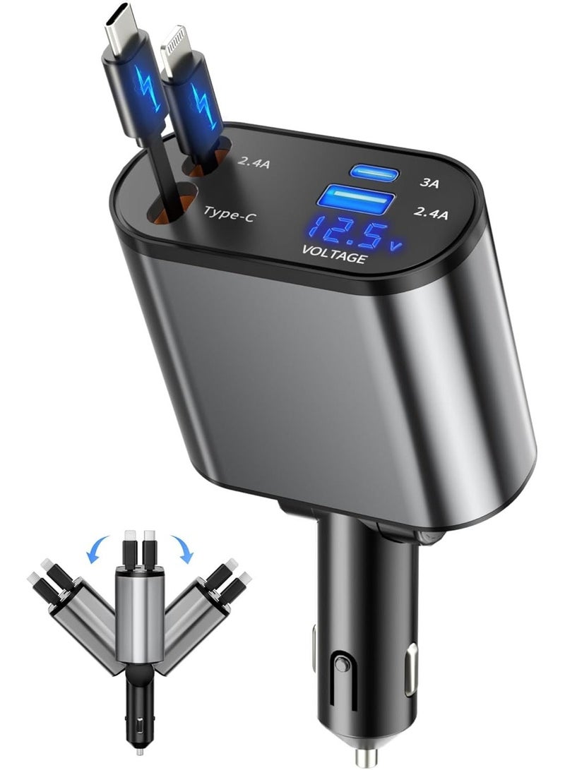 Retractable Car Charger, 4 in 1 Fast Charging Car Charger USB-C & USB-A, Retractable Cables Compatible with iPhone - Image 1